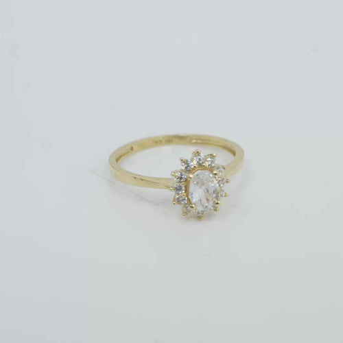 14KT Women's Gold Ring Flower Pear White Center Stone with White CZ Stone Petals Border Plain Band (check for duplicate)