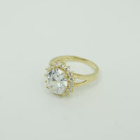 14KT Gold Ring Women's Jumbo Oval White Center with Round White CZ Stones Border Plain Split Band