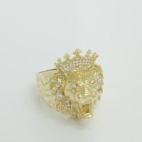 14KT Gold Ring Men's Crowned Lion Head with White CZ Stones Crown and Fur Top