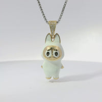 14KT Gold Charm Large 3D White Enamel LaBuBu Body, White Enamel Eyes, and White CZ Stones Bell