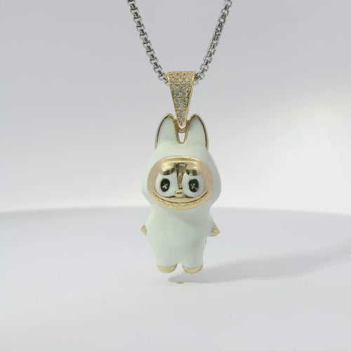 14KT Gold Charm Large 3D White Enamel LaBuBu Body, White Enamel Eyes, and White CZ Stones Bell