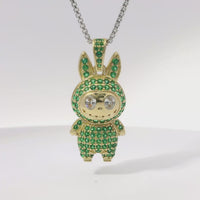 14KT Gold Charm Large 3D Flat Back LaBuBu White Oval CZ Stones Eyes, Green CZ Stones Body and Bell