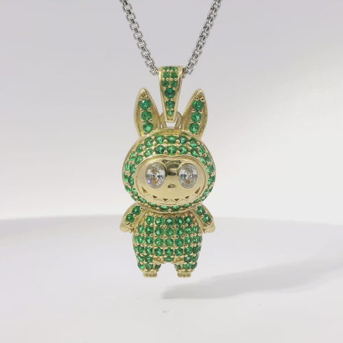14KT Gold Charm Large 3D Flat Back LaBuBu White Oval CZ Stones Eyes, Green CZ Stones Body and Bell