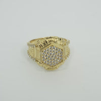 14KT Gold Ring Men's Hexagon White Round CZ Center Stone Design Beaded Print Raised Border Side Design Two Single Rows of Six White CZ Stones and Industrial Top/Lower Frame