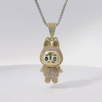 14KT Gold Charm Small 3D Pink CZ Stones LaBuBu Body, White Enamel Eyes, and White CZ Stones Bell