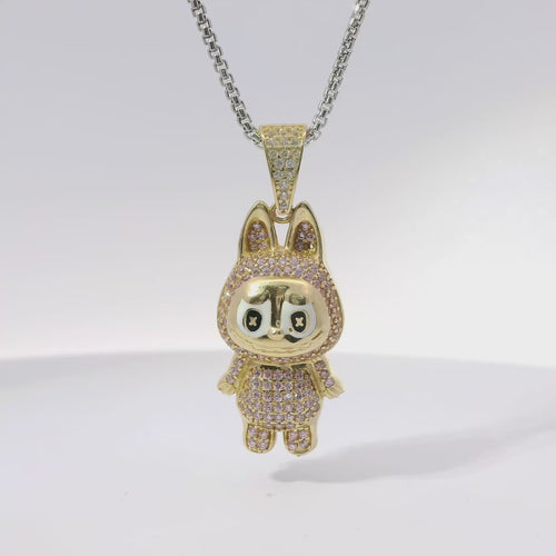 14KT Gold Charm Small 3D Pink CZ Stones LaBuBu Body, White Enamel Eyes, and White CZ Stones Bell