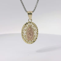14KT Gold Charm Small Two Tone Open Swirl Oval Virgin Mary with Diamond Cut Edge and Plain Bell