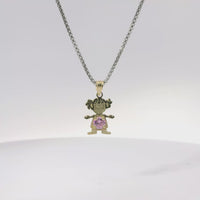14KT Gold Charm Girl with Pink CZ Stone Belly and Plain Bell