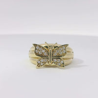 14KT Gold Ring Women's Butterfly Shape White CZ Stones Wings and Three Ribbed Plain Band