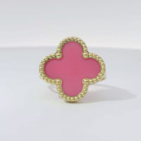 14KT Gold Ring Women's Jumbo Pink Clover with Beaded Border and Plain Split Band