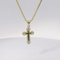 14KT Gold Charm Small Engravable Ornate Cross with Plain Bell