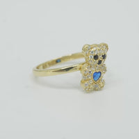 14KT Gold Ring Small White CZ Stones Teddy Bear with Navy Blue Heart CZ Stone Belly, Black Eyes, and Plain Band