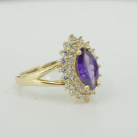 14KT Gold Ring Women's Marquise Purple Center CZ with Round Double CZ Border Plain Split Band