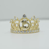 14KT Gold Ring Women's "15" Triple Puff Quincenaera Tiara Crown White CZ Stones Border and Plain Split Band