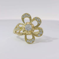 14KT Gold Ring Women's Light Weight 4 Petal Flower Open Center with White CZ Stone Round Border and Beaded Stem Sunflower Bypass Band