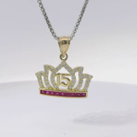 14KT Gold Charm Medium Quincenaera "15" Center White CZ Stones Flame Tiara with Dark Pink Square CZ Stones Base and Plain Bell