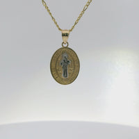 14KT Gold Charm Small Two Tone Oval St Benedict Coin with Plain Bell