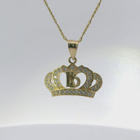14KT Gold Charm Jumbo Flur de Lis Quincenaera "15" White CZ Stones Crown with Round White CZ Stones Band and Plain Bell