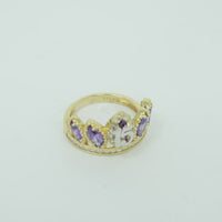 14KT Gold Ring Women's "15" Quinceanera Crown Purple CZ Stones with White Square CZ Stones Band Plain Shank