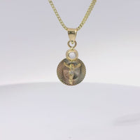 14KT Gold Charm Extra Small Tri Tone Round Graphic Crucifix Coin with White CZ Stone Top and Plain Bell