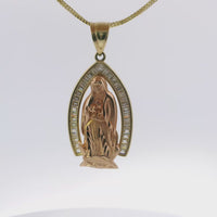 14KT Gold Charm Extra Large Two Tone Virgin Mary with White CZ Baguette Stone Pointed Arch Border and Plain Bell