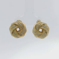 14KT Gold Earrings Medium Flat Four Ribbon Strand White CZ Stones Zipper Edge Knot with Plain Borders, Push Back Post, and Butterfly Backs