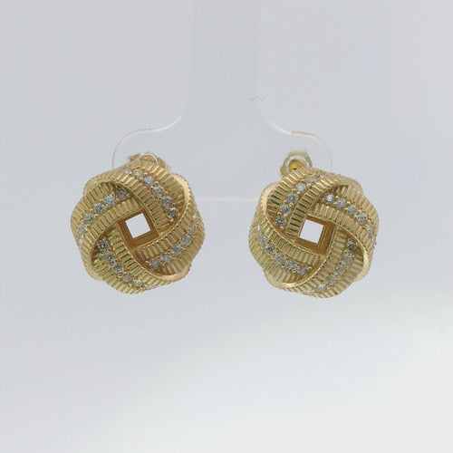 14KT Gold Earrings Medium Flat Four Ribbon Strand White CZ Stones Zipper Edge Knot with Plain Borders, Push Back Post, and Butterfly Backs