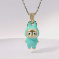 14KT Gold Charm Large 3D Turquoise Enamel LaBuBu Body, White Enamel Eyes, and White CZ Stones Bell