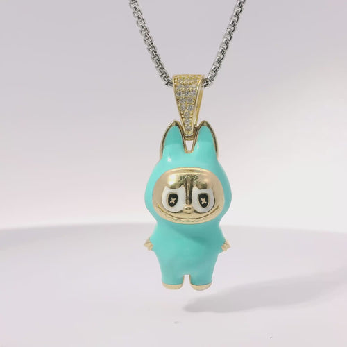 14KT Gold Charm Large 3D Turquoise Enamel LaBuBu Body, White Enamel Eyes, and White CZ Stones Bell