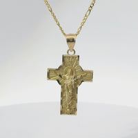 14KT Gold Charm Medium Cross Jesus Center with Heaven Background, Diamond Cut Edge, and Plain Bell