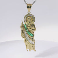 14KT Gold Charm Large St. Jude with White and Green CZ Baguette Stones Robe and Halo with Plain Bell