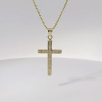 14KT Gold Charm Medium Round Channel Set CZ Stones Cross with Plain Bell