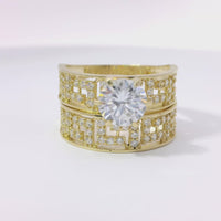 14KT Gold Ring Women's Duo 4 Prong White CZ Stone Solitaire with White CZ Stones Greek Band and Matching Separate Band