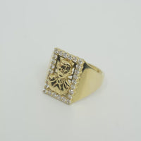 14K Gold Ring Men's Malverde with White CZ Stone Border Rectangle and Plain Sides