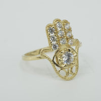 14KT Gold Ring Women's Hansa Hand White Round Center CZ Stone with 3 White CZ Stones on 3 Fingers and Plain Band