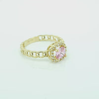 14KT Gold Ring Women's Square Pink Center Stone with White CZ Stone Border Chino Band