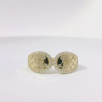 14KT Gold Ring Women's Light Weight Split Band Double Lasso with White CZ Stone Tufted Center and Border and Plain Band