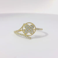 14KT Gold Ring Women's Light Weight White CZ Stone Clover Center with Open Round Rope Border and White CZ Stone Bypass Band