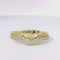 14KT Gold Ring Women's Light Weight Triple Solid Heart Center with Lower White CZ Stone Chevron Band
