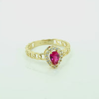 14KT Gold Ring Women's Pear Red Center Stone with White CZ Stone Border Chino Band