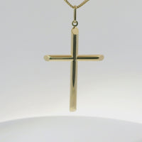 14KT Gold Charm Extra Large Plain Hollow Tube Slant Ends Cross with Plain Oval Bell