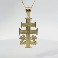 14KT Gold Charm Large Flat Caravaca Crucifix Cross with Plain Bell