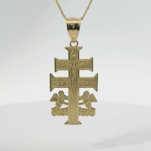 14KT Gold Charm Large Flat Caravaca Crucifix Cross with Plain Bell