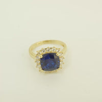 14KT Gold Ring Women's Square Jumbo Navy Blue Center CZ Stone with Round White CZ Stones Border and Plain Band