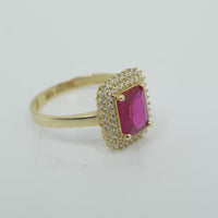 14KT Gold Ring Women's Red Rectangle Center CZ Stone with Double Round White CZ Stones Border and Plain Band