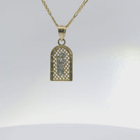 14KT Gold Charm Extra Small Two Tone St Jude Diamond Cut Lattice Square Archway and Plain Bell