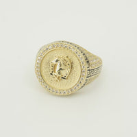 14KT Gold Ring Men's Round Raised Half Horse/Horseshoe Coin Design with Single Row White CZ Stone Border Shank Design Black Background Greek Pave White CZ Stones