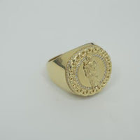 14KT Gold Ring Men's Round St. Jude Chino Border One Row White CZ Stones Outside Border Plain Band