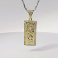 14KT Gold Charm Small St Jude Center with White CZ Stones Halo, Rectangle Border, and Bell