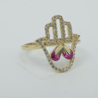 14KT Gold Ring Women's Hand 2 Red Pear Center CZ Stones with White CZ Stones Borders and Plain Band